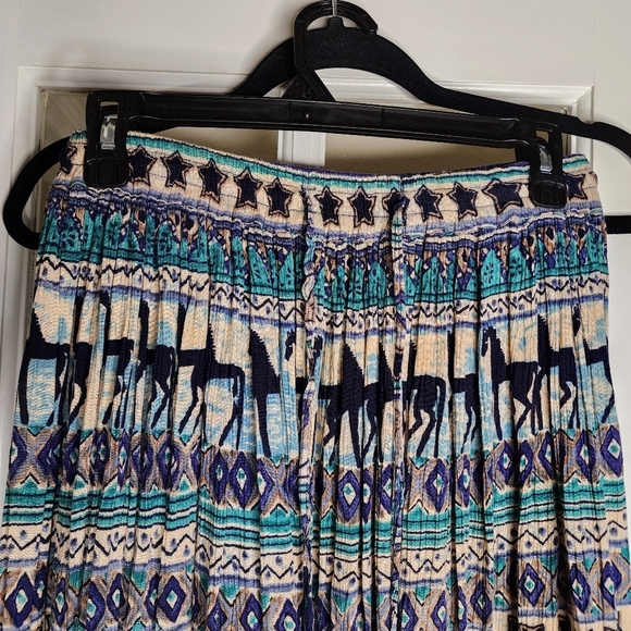 Vintage Phool Western Horse Bird Print Boho Crinkle Lightweight Midi Skirt Small - Picture 6 of 9